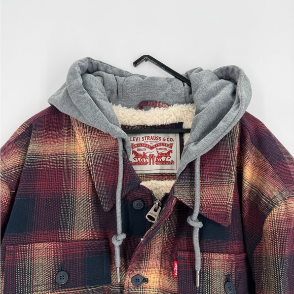 Levi’s Plaid Faux Shearling Lined Jersey Fleece Hood Shirt Jacket